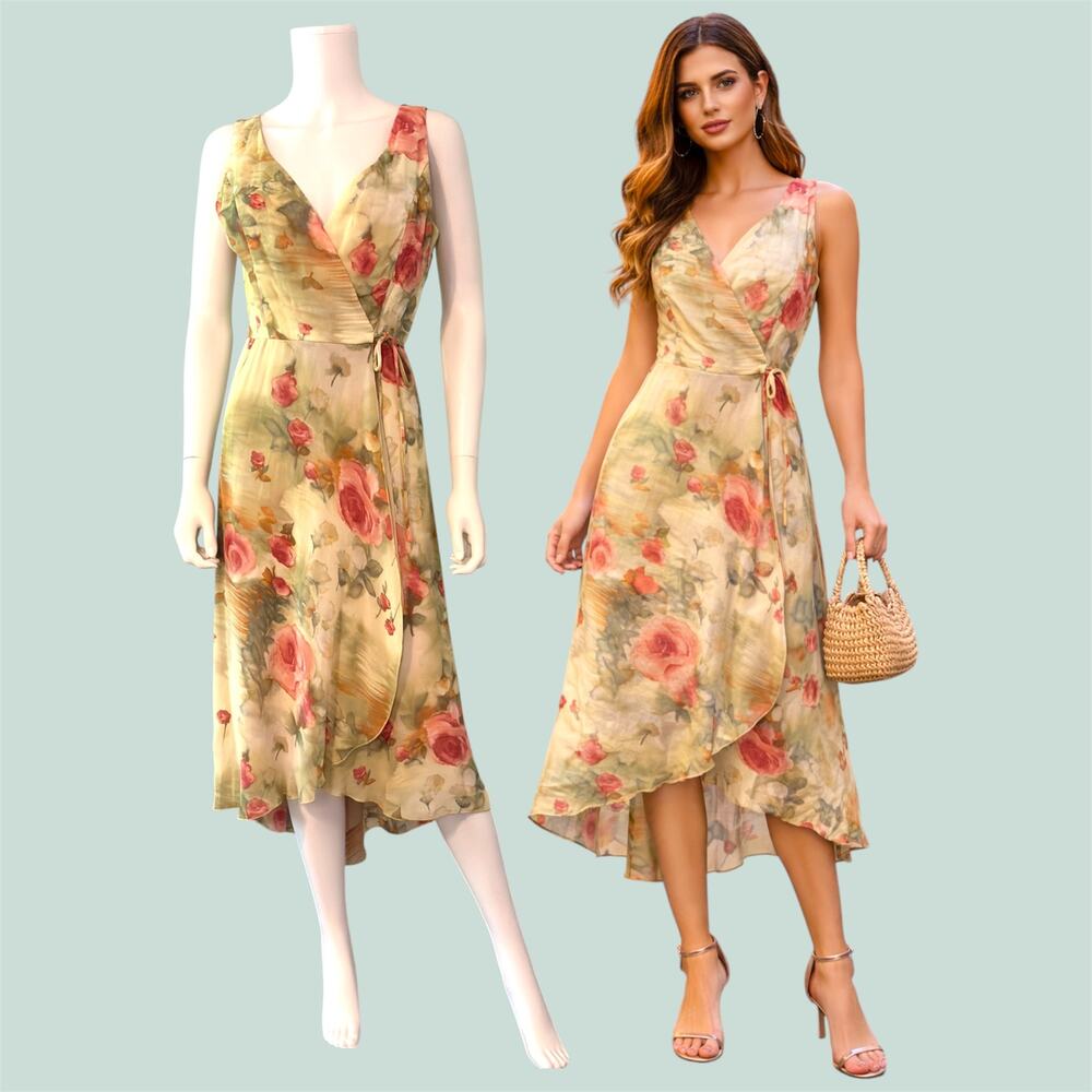 Mario Balthazar Floral Wrap Dress Size 4 Midi Watercolor Romantic Fairycore
